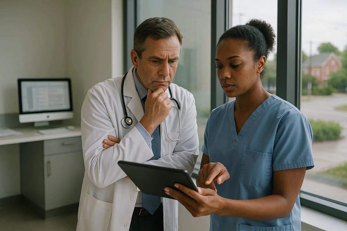 Medical professionals reviewing information in a clinical setting in New Jersey